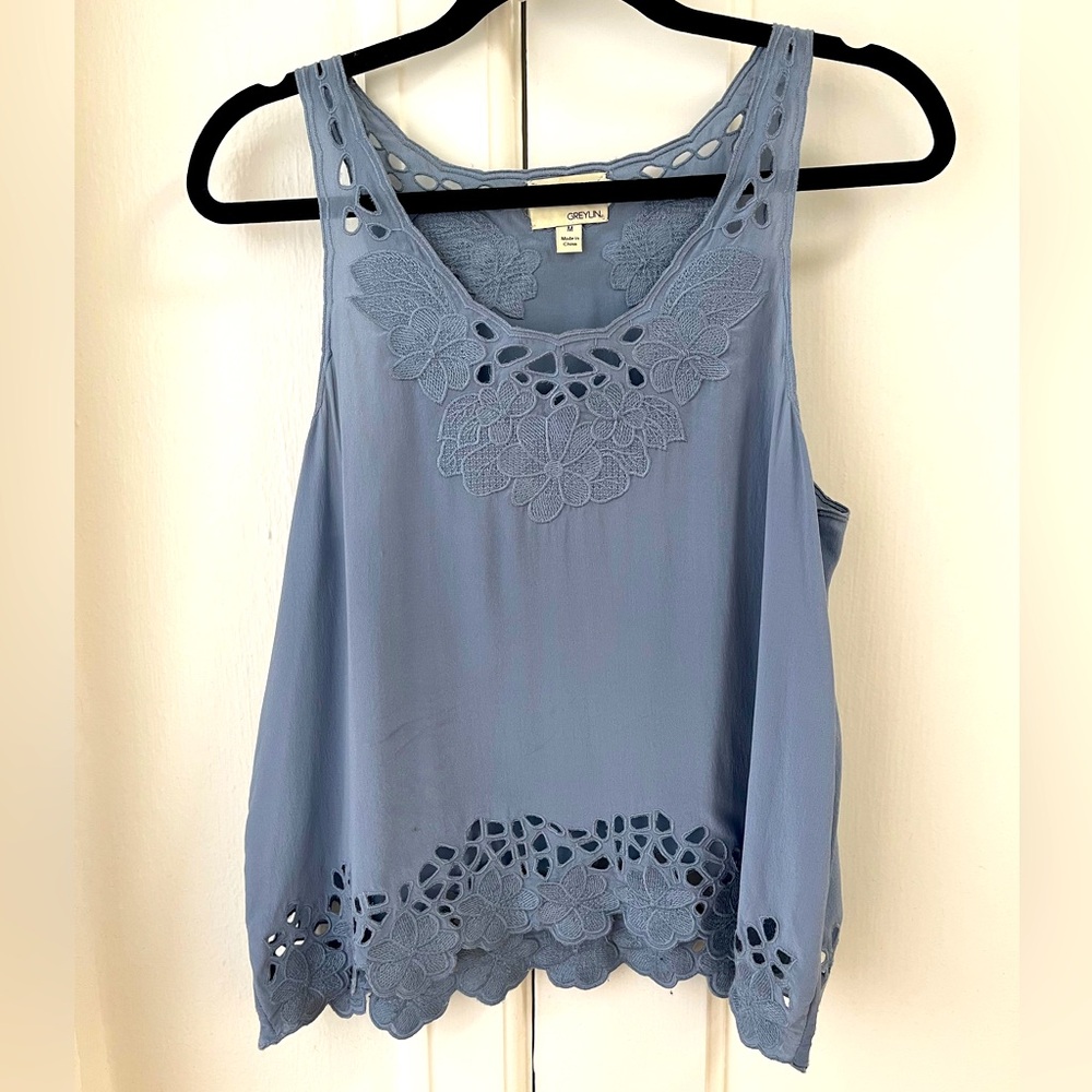 Greylin 100% Silk Blue Embroidered Top, Size M